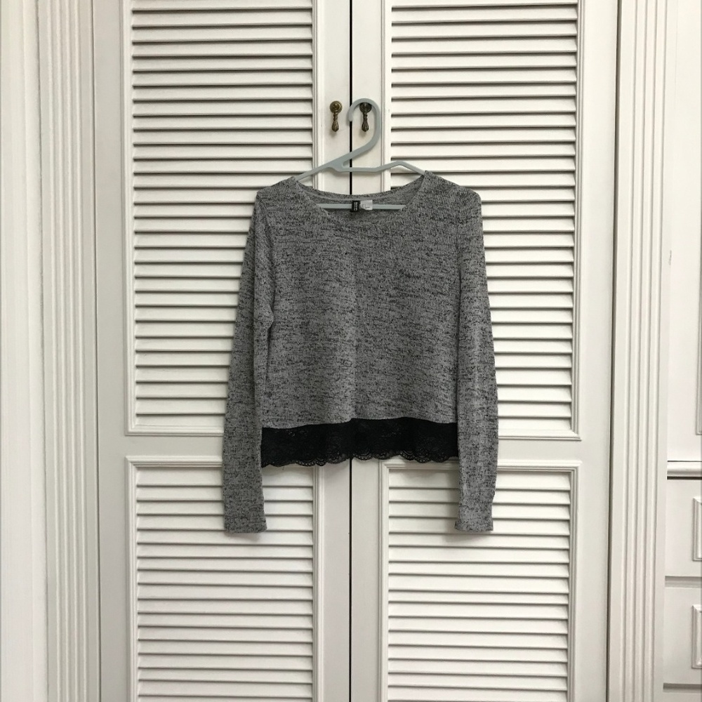 H&M Heathered Grey Lace Trim Knit Sweater